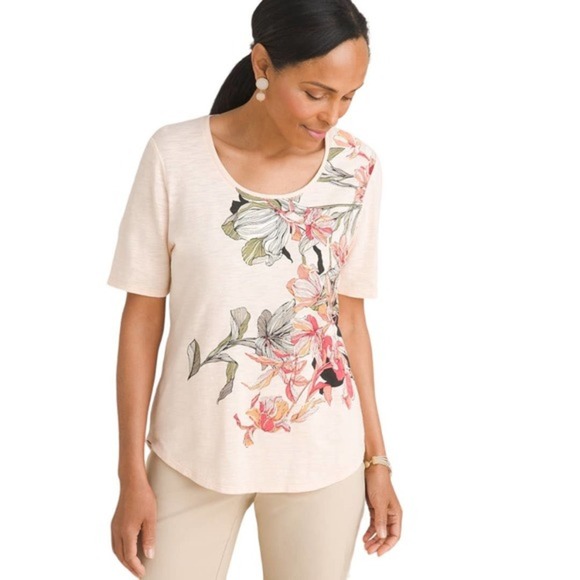 Chicos Peach Foiled Floral T-Shirt Sz M - Picture 1 of 9